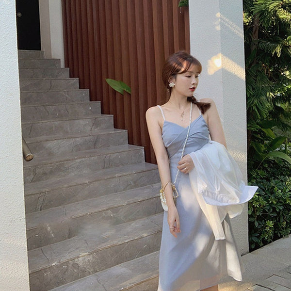 Summer Temperament Sexy Sweet Women Sweetheart Spaghetti Strap Tea Break Sleeveless Pleated Party Dress