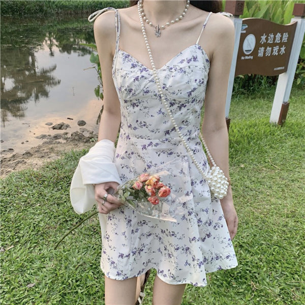 Summer Casual Sweety Women Lovely Floral Printed Sweetheart Spaghetti Strap Sleeveless Pleated Hem Dress