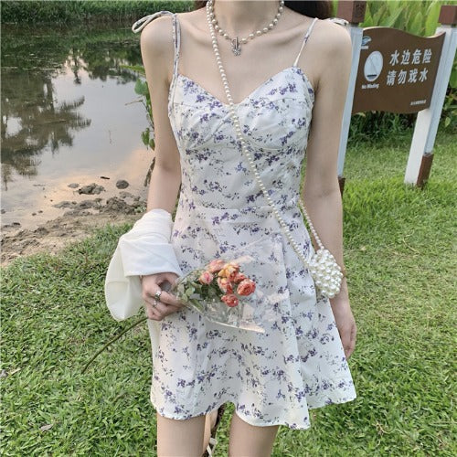 Summer Casual Sweety Women Lovely Floral Printed Sweetheart Spaghetti Strap Sleeveless Pleated Hem Dress