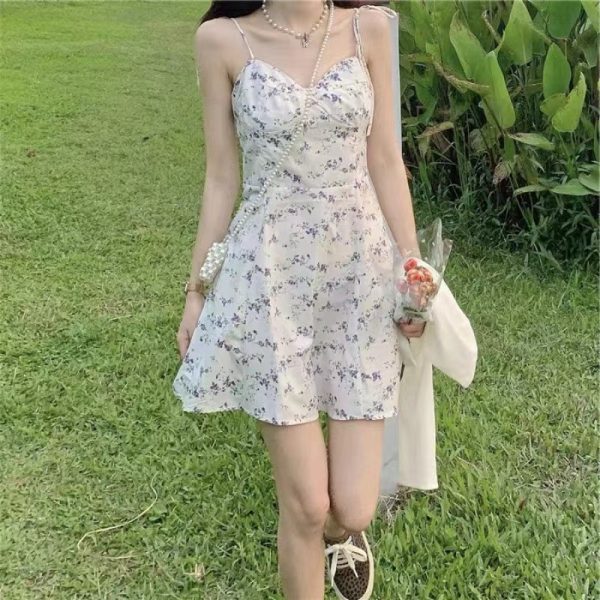 Summer Casual Sweety Women Lovely Floral Printed Sweetheart Spaghetti Strap Sleeveless Pleated Hem Dress
