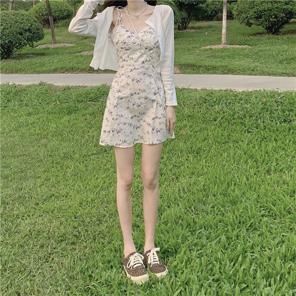 Summer Casual Sweety Women Lovely Floral Printed Sweetheart Spaghetti Strap Sleeveless Pleated Hem Dress