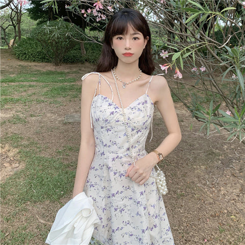 Summer Casual Sweety Women Lovely Floral Printed Sweetheart Spaghetti Strap Sleeveless Pleated Hem Dress