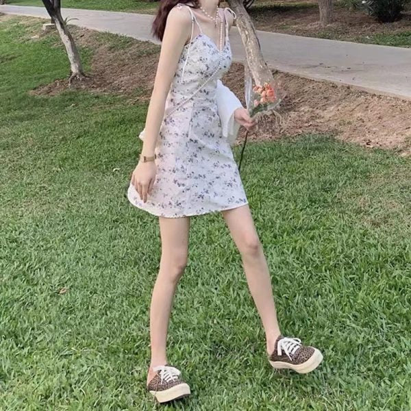 Summer Casual Sweety Women Lovely Floral Printed Sweetheart Spaghetti Strap Sleeveless Pleated Hem Dress