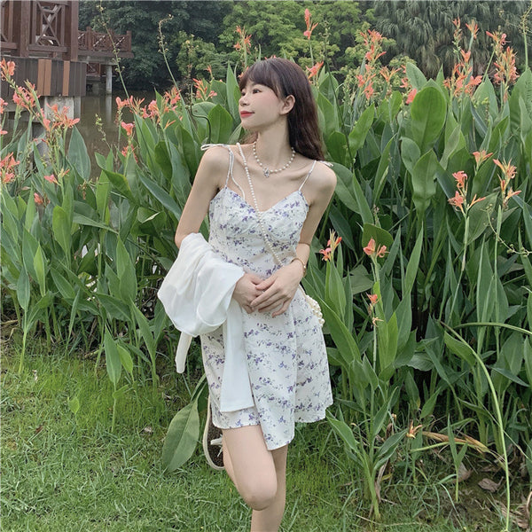 Summer Casual Sweety Women Lovely Floral Printed Sweetheart Spaghetti Strap Sleeveless Pleated Hem Dress