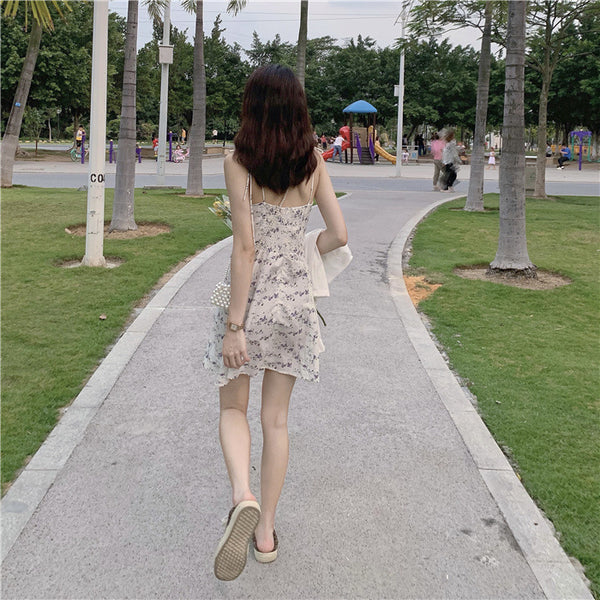 Summer Casual Sweety Women Lovely Floral Printed Sweetheart Spaghetti Strap Sleeveless Pleated Hem Dress