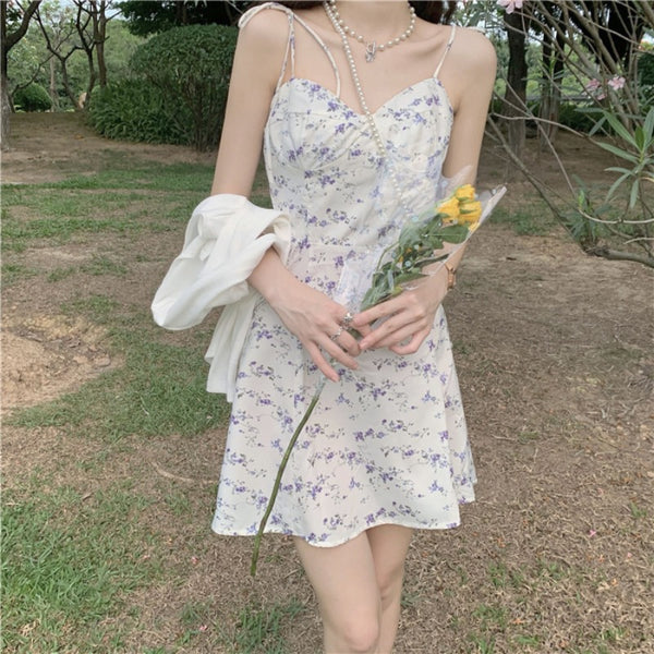 Summer Casual Sweety Women Lovely Floral Printed Sweetheart Spaghetti Strap Sleeveless Pleated Hem Dress