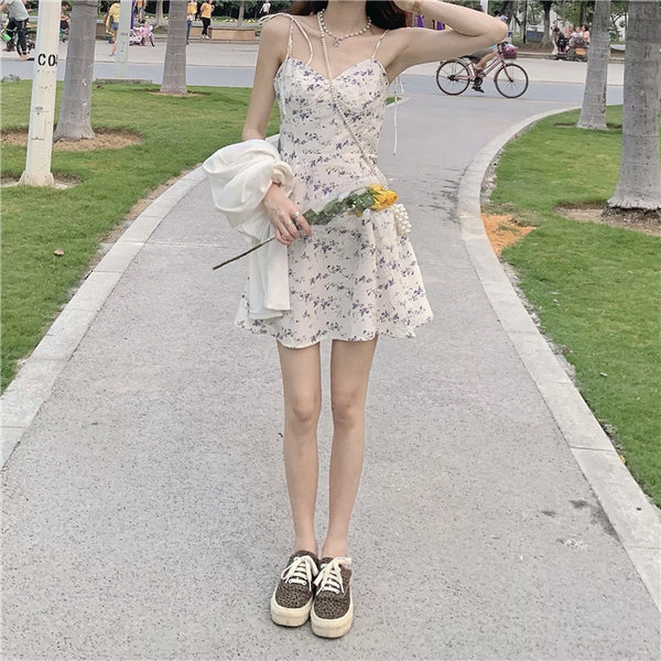 Summer Casual Sweety Women Lovely Floral Printed Sweetheart Spaghetti Strap Sleeveless Pleated Hem Dress