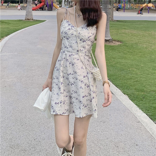 Summer Casual Sweety Women Lovely Floral Printed Sweetheart Spaghetti Strap Sleeveless Pleated Hem Dress