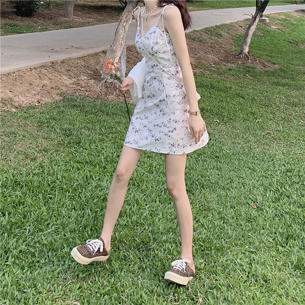 Summer Casual Sweety Women Lovely Floral Printed Sweetheart Spaghetti Strap Sleeveless Pleated Hem Dress