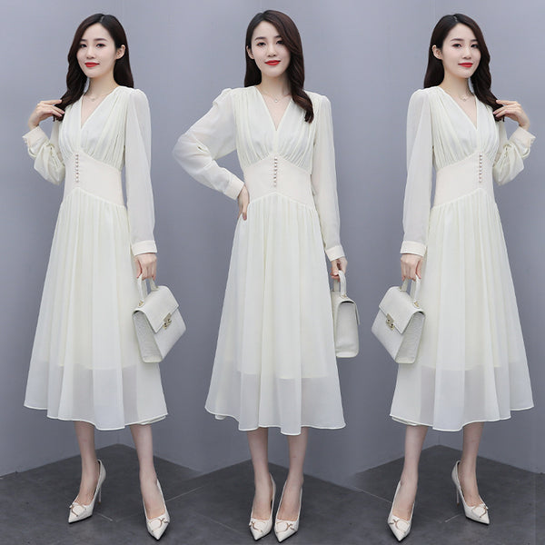 Chic Beautiful Women White V Neck Puffy Long Sleeved Pleated High Waist Beaded A Line Meeting Dress