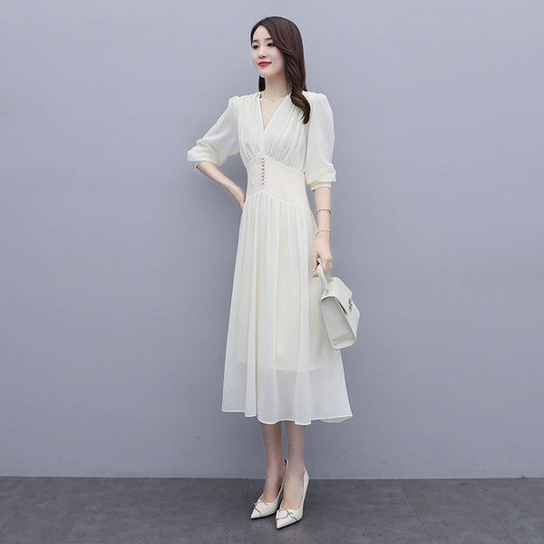 Chic Beautiful Women White V Neck Puffy Long Sleeved Pleated High Waist Beaded A Line Meeting Dress