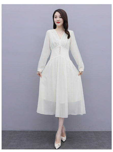 Chic Beautiful Women White V Neck Puffy Long Sleeved Pleated High Waist Beaded A Line Meeting Dress