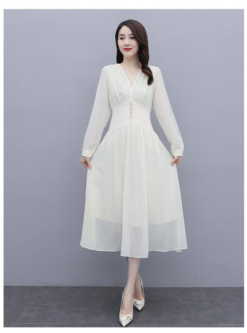 Chic Beautiful Women White V Neck Puffy Long Sleeved Pleated High Waist Beaded A Line Meeting Dress