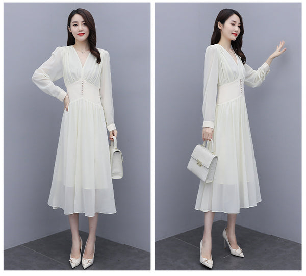 Chic Beautiful Women White V Neck Puffy Long Sleeved Pleated High Waist Beaded A Line Meeting Dress