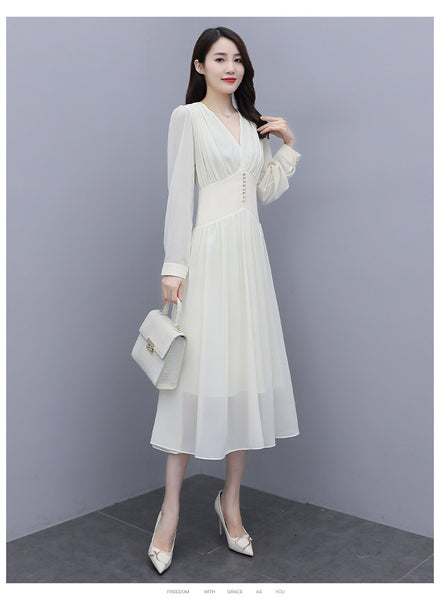 Chic Beautiful Women White V Neck Puffy Long Sleeved Pleated High Waist Beaded A Line Meeting Dress