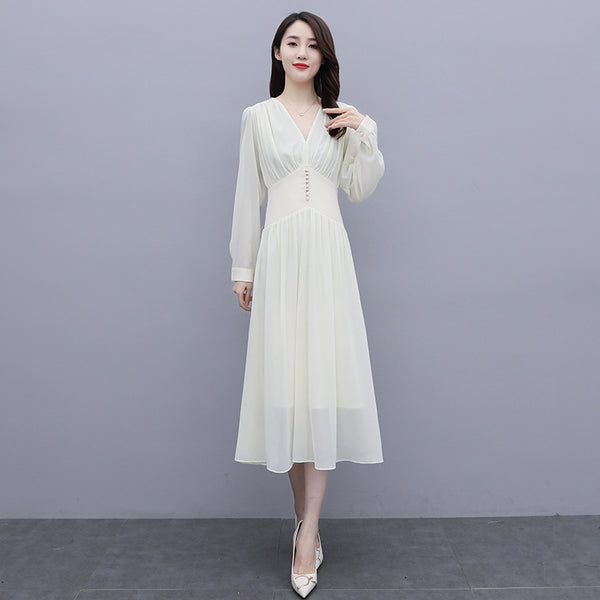 Chic Beautiful Women White V Neck Puffy Long Sleeved Pleated High Waist Beaded A Line Meeting Dress
