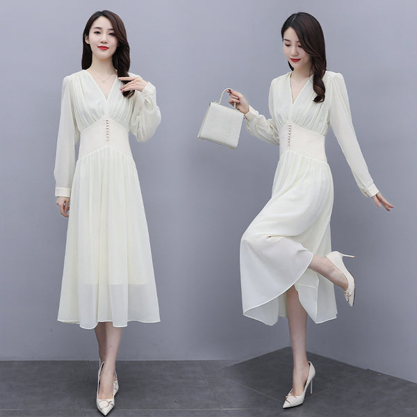 Chic Beautiful Women White V Neck Puffy Long Sleeved Pleated High Waist Beaded A Line Meeting Dress