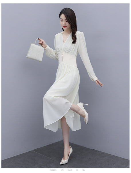 Chic Beautiful Women White V Neck Puffy Long Sleeved Pleated High Waist Beaded A Line Meeting Dress