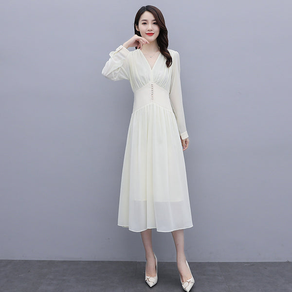 Chic Beautiful Women White V Neck Puffy Long Sleeved Pleated High Waist Beaded A Line Meeting Dress