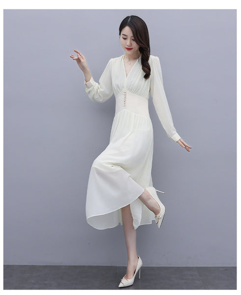Chic Beautiful Women White V Neck Puffy Long Sleeved Pleated High Waist Beaded A Line Meeting Dress
