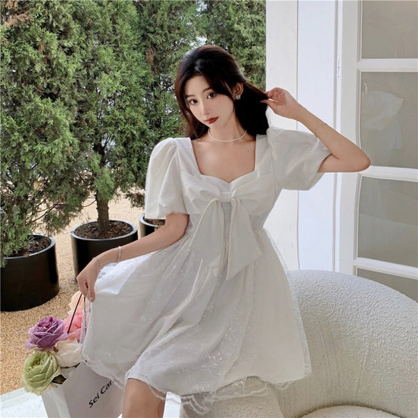 Temperament Sweet Women High Waist Square Neck Mesh Puffy High End Bow Puff Sleeves Pattern Lace A Line Dress