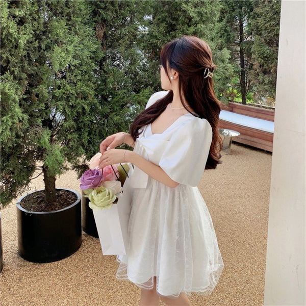 Temperament Sweet Women High Waist Square Neck Mesh Puffy High End Bow Puff Sleeves Pattern Lace A Line Dress