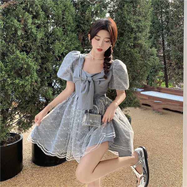 Temperament Sweet Women High Waist Square Neck Mesh Puffy High End Bow Puff Sleeves Pattern Lace A Line Dress
