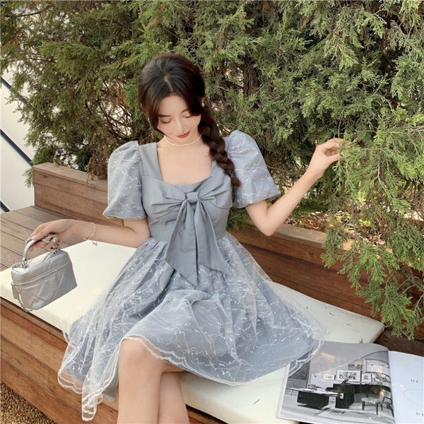 Temperament Sweet Women High Waist Square Neck Mesh Puffy High End Bow Puff Sleeves Pattern Lace A Line Dress