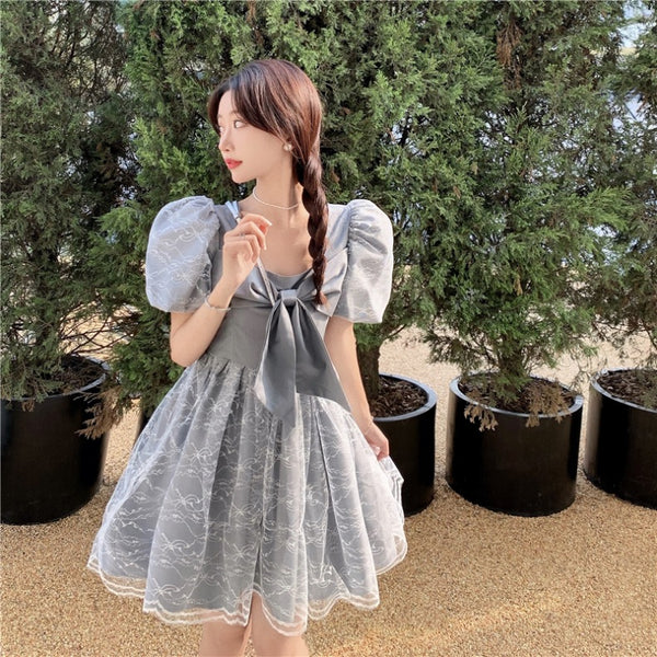 Temperament Sweet Women High Waist Square Neck Mesh Puffy High End Bow Puff Sleeves Pattern Lace A Line Dress