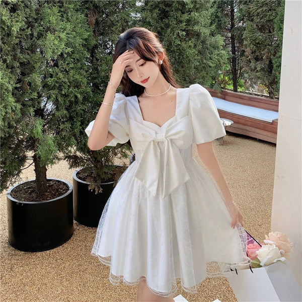 Temperament Sweet Women High Waist Square Neck Mesh Puffy High End Bow Puff Sleeves Pattern Lace A Line Dress