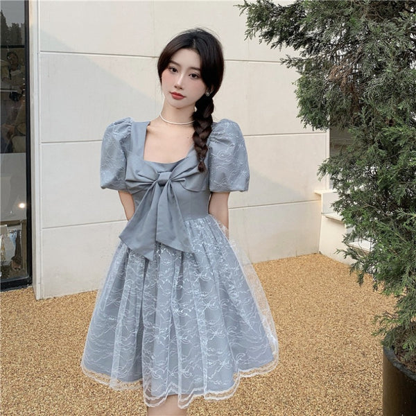 Temperament Sweet Women High Waist Square Neck Mesh Puffy High End Bow Puff Sleeves Pattern Lace A Line Dress