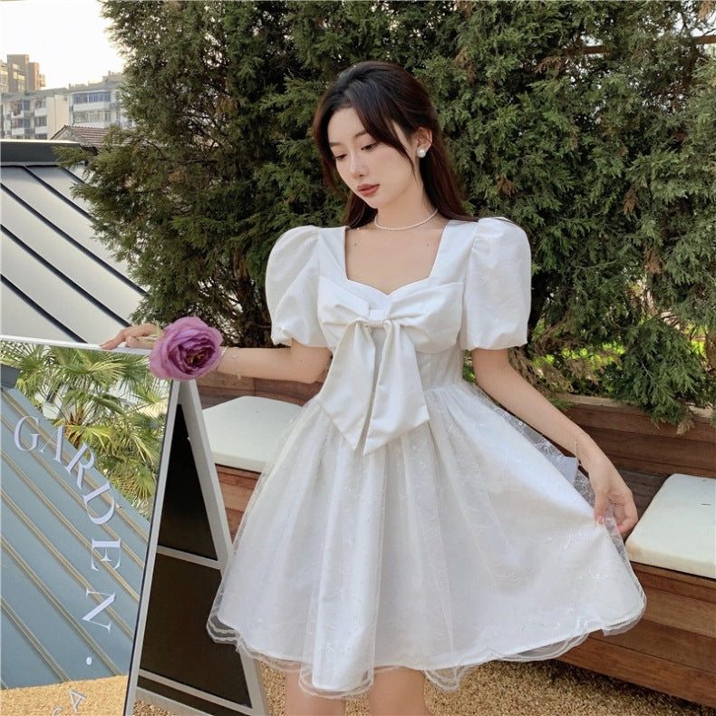 Temperament Sweet Women High Waist Square Neck Mesh Puffy High End Bow Puff Sleeves Pattern Lace A Line Dress