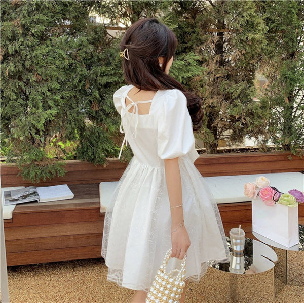 Temperament Sweet Women High Waist Square Neck Mesh Puffy High End Bow Puff Sleeves Pattern Lace A Line Dress