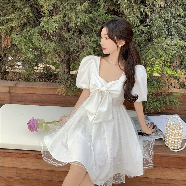 Temperament Sweet Women High Waist Square Neck Mesh Puffy High End Bow Puff Sleeves Pattern Lace A Line Dress