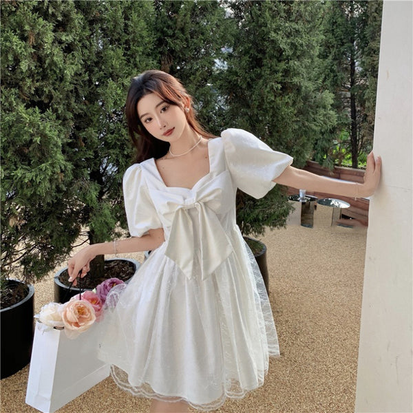 Temperament Sweet Women High Waist Square Neck Mesh Puffy High End Bow Puff Sleeves Pattern Lace A Line Dress