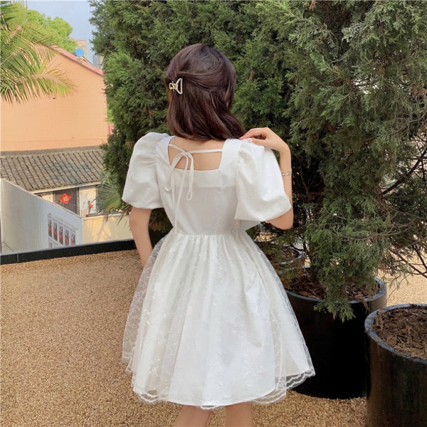Temperament Sweet Women High Waist Square Neck Mesh Puffy High End Bow Puff Sleeves Pattern Lace A Line Dress