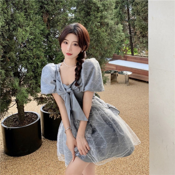 Temperament Sweet Women High Waist Square Neck Mesh Puffy High End Bow Puff Sleeves Pattern Lace A Line Dress