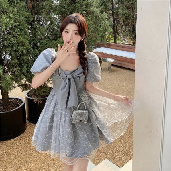 Temperament Sweet Women High Waist Square Neck Mesh Puffy High End Bow Puff Sleeves Pattern Lace A Line Dress