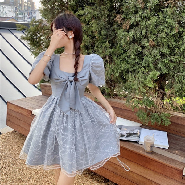 Temperament Sweet Women High Waist Square Neck Mesh Puffy High End Bow Puff Sleeves Pattern Lace A Line Dress
