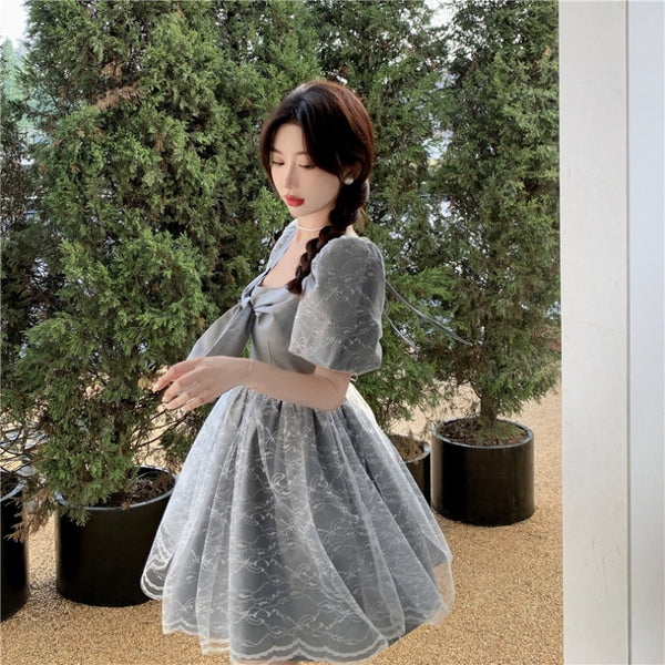 Temperament Sweet Women High Waist Square Neck Mesh Puffy High End Bow Puff Sleeves Pattern Lace A Line Dress