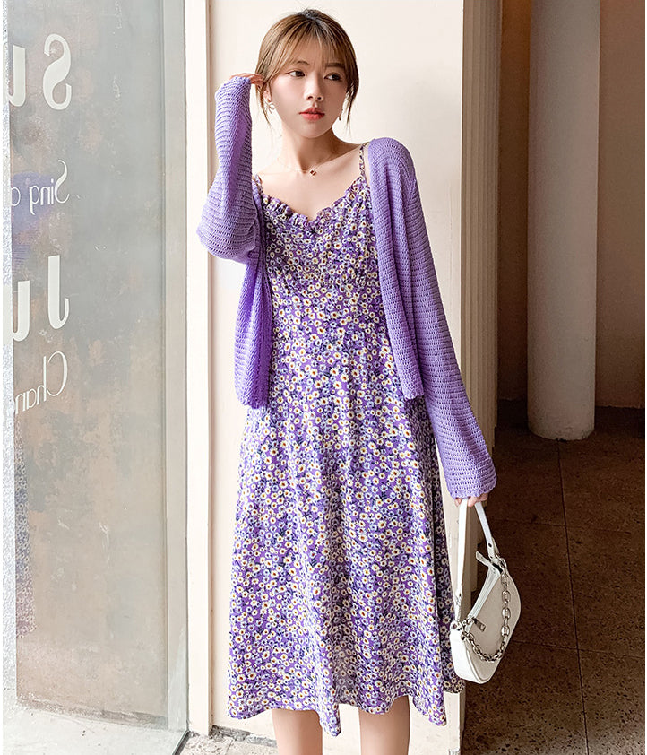 Summer Ladies Small Daisy Flower Floral Printed Spaghetti Strap Sleeveless Knee Length Casual Summer Dress