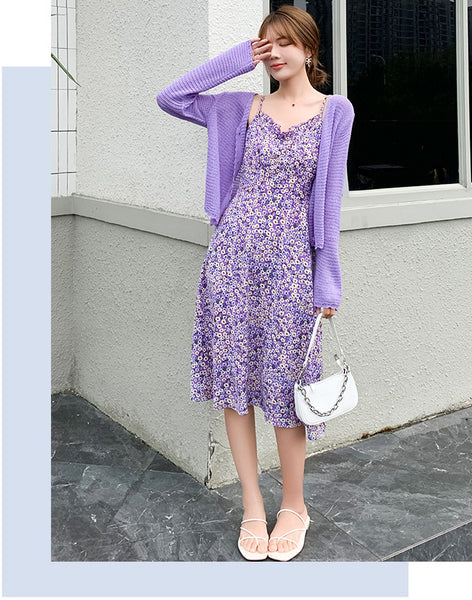 Summer Ladies Small Daisy Flower Floral Printed Spaghetti Strap Sleeveless Knee Length Casual Summer Dress