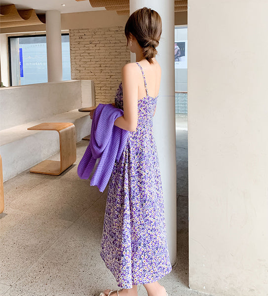 Summer Ladies Small Daisy Flower Floral Printed Spaghetti Strap Sleeveless Knee Length Casual Summer Dress