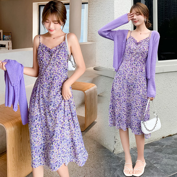 Summer Ladies Small Daisy Flower Floral Printed Spaghetti Strap Sleeveless Knee Length Casual Summer Dress