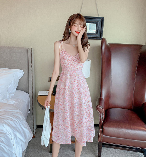 Sweet Women Cosy Floral Pattern Floral Printed Spaghetti Bow Strap Sleeveless Ruffle V Neck A Line Dress