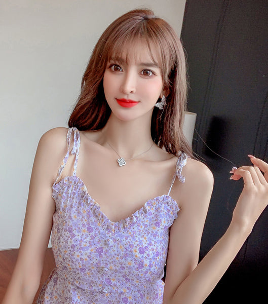 Sweet Women Cosy Floral Pattern Floral Printed Spaghetti Bow Strap Sleeveless Ruffle V Neck A Line Dress