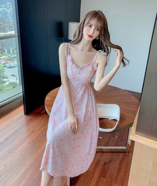 Sweet Women Cosy Floral Pattern Floral Printed Spaghetti Bow Strap Sleeveless Ruffle V Neck A Line Dress