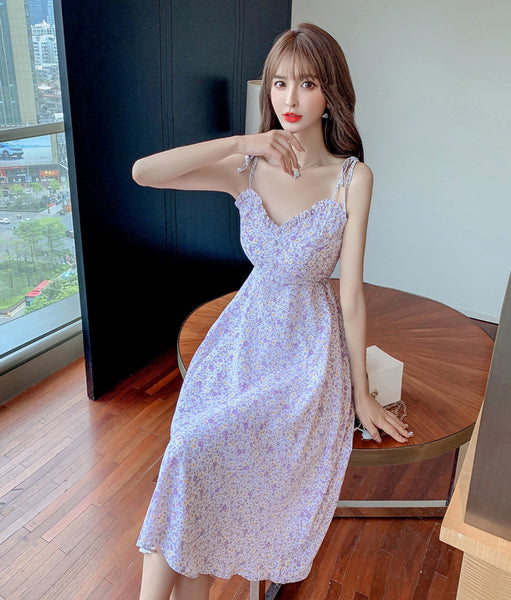 Sweet Women Cosy Floral Pattern Floral Printed Spaghetti Bow Strap Sleeveless Ruffle V Neck A Line Dress