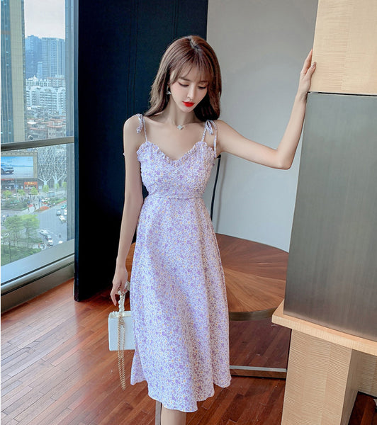 Sweet Women Cosy Floral Pattern Floral Printed Spaghetti Bow Strap Sleeveless Ruffle V Neck A Line Dress