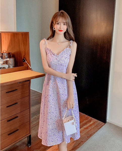 Sweet Women Cosy Floral Pattern Floral Printed Spaghetti Bow Strap Sleeveless Ruffle V Neck A Line Dress